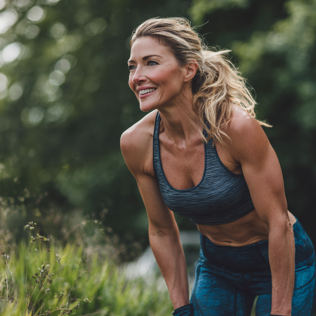 Energetic 50 years old woman enjoying outdoor fitness routine in natural setting